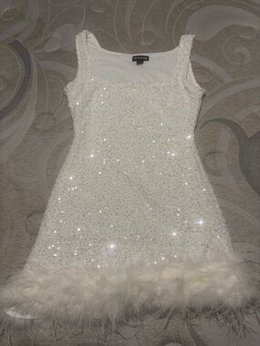 PrettyLittleThing White Sequin Dress with Feather Hem